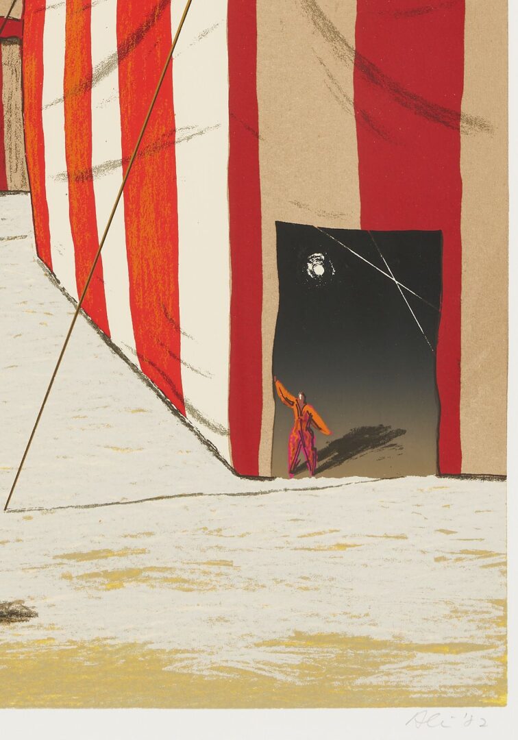 Lot 1086: 3 Ali Cann-Clift Signed Surrealist Circus Serigraphs: Inside Out, Balancing, & Tent Show