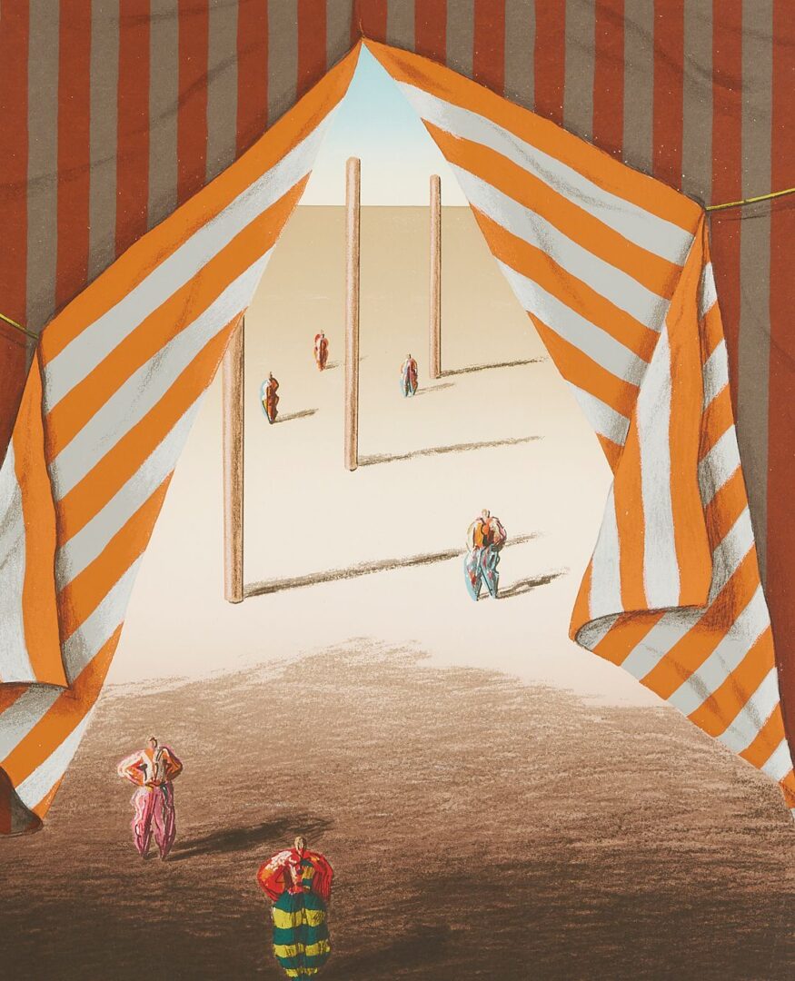 Lot 1086: 3 Ali Cann-Clift Signed Surrealist Circus Serigraphs: Inside Out, Balancing, & Tent Show