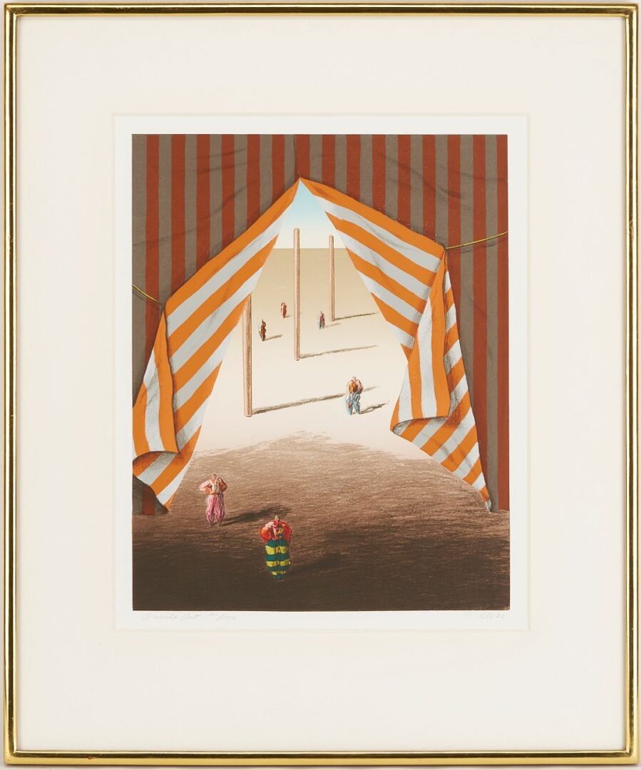 Lot 1086: 3 Ali Cann-Clift Signed Surrealist Circus Serigraphs: Inside Out, Balancing, & Tent Show
