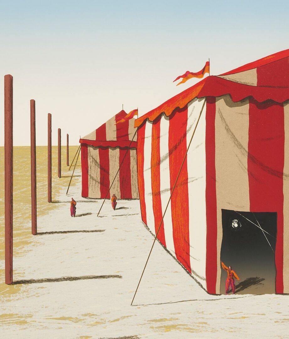 Lot 1086: 3 Ali Cann-Clift Signed Surrealist Circus Serigraphs: Inside Out, Balancing, & Tent Show