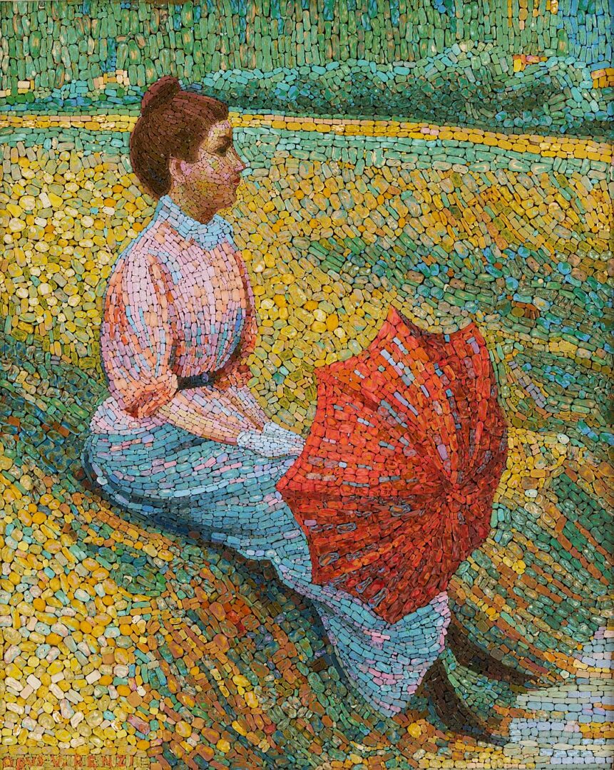 Lot 108: Vincenzo Renzi Mosaic, Woman w/ Red Parasol
