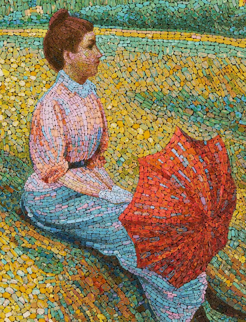 Lot 108: Vincenzo Renzi Mosaic, Woman w/ Red Parasol