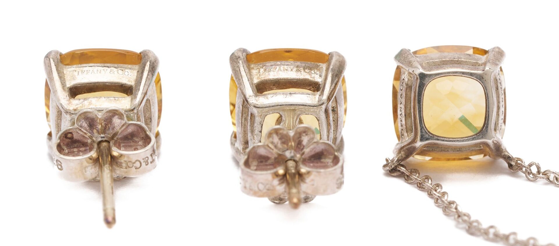 Lot 1110: Tiffany & Co. Sparkle Sterling Citrine Earrings & Necklace Set and 2 Pairs of Gold & Gemstone Dangle Earrings