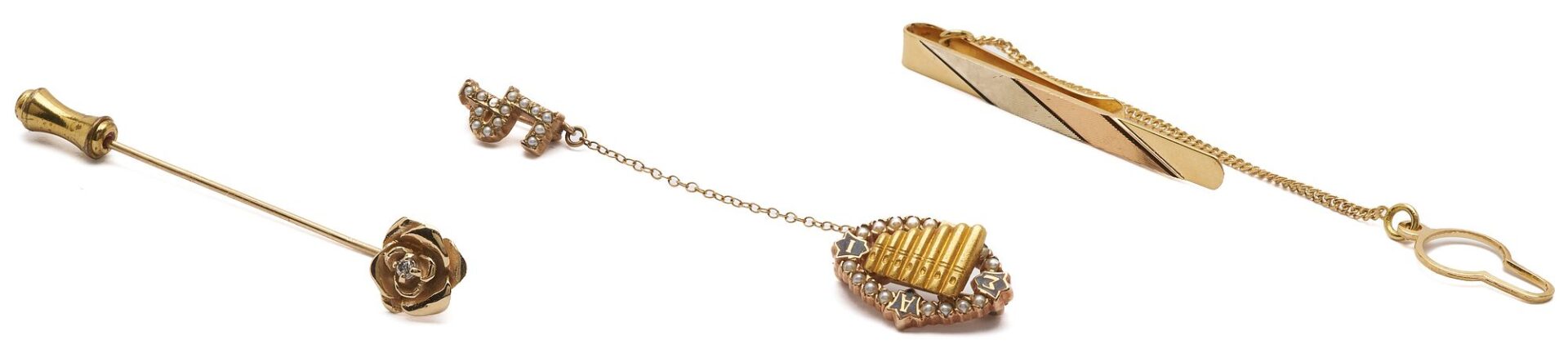 Lot 1113: 3 Gold Accessories incl. Tie Clip & Pins