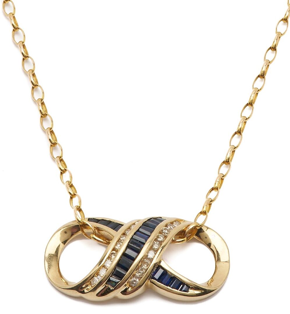 Lot 1134: 14K Gold, Sapphire, & Diamond Infinity Pendant Necklace