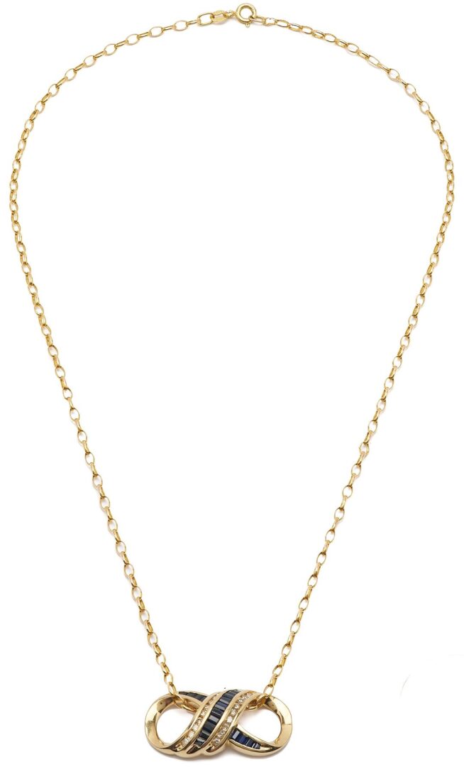 Lot 1134: 14K Gold, Sapphire, & Diamond Infinity Pendant Necklace