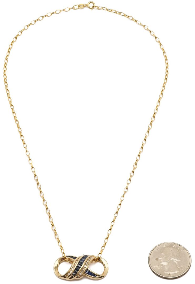 Lot 1134: 14K Gold, Sapphire, & Diamond Infinity Pendant Necklace