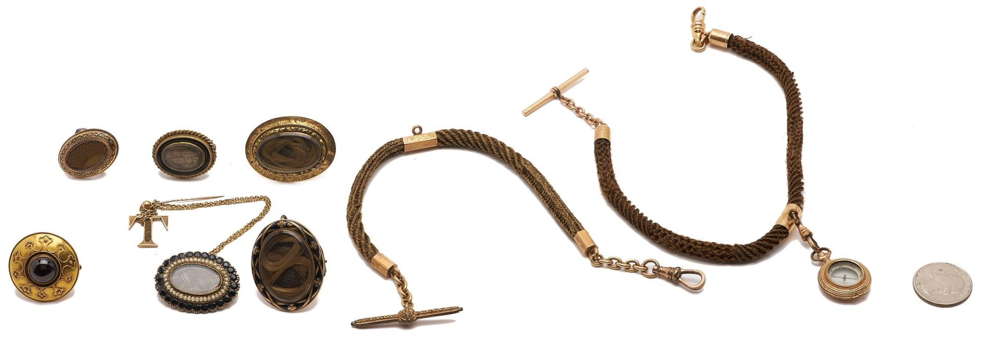 Lot 1139: 8 pcs Victorian jewelry incl. Hair, Watch Chains