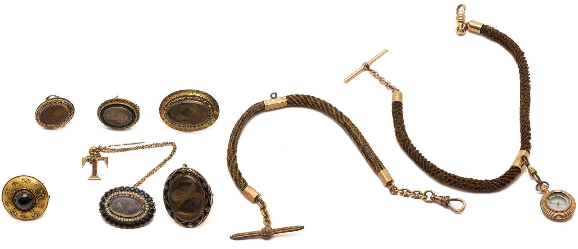 Lot 1139: 8 pcs Victorian jewelry incl. Hair, Watch Chains