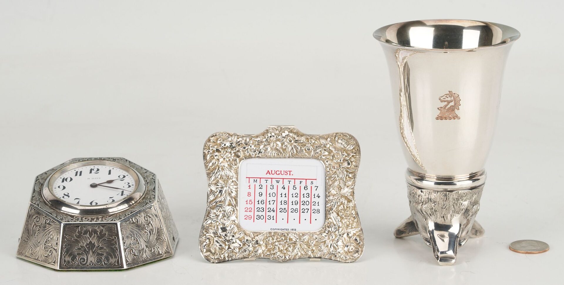 Lot 1146: 3 Silver Novelty Items: Clock, Stirrup Cup, Calendar
