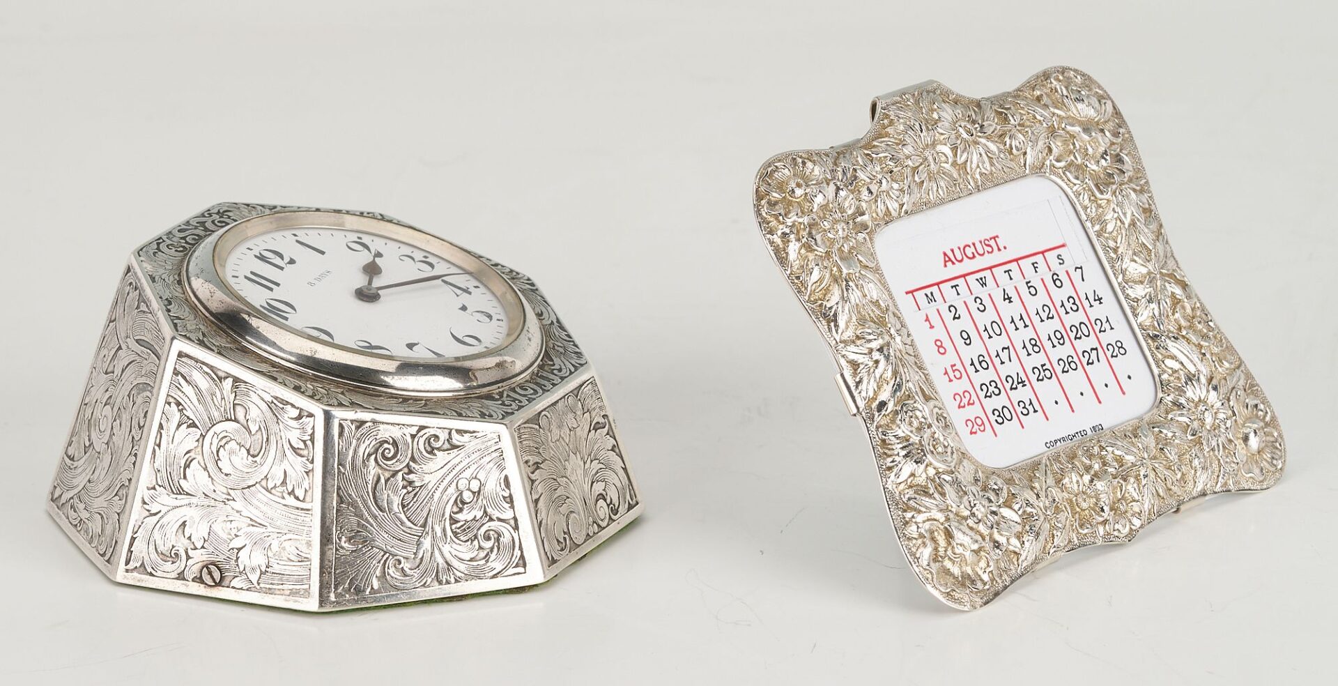 Lot 1146: 3 Silver Novelty Items: Clock, Stirrup Cup, Calendar