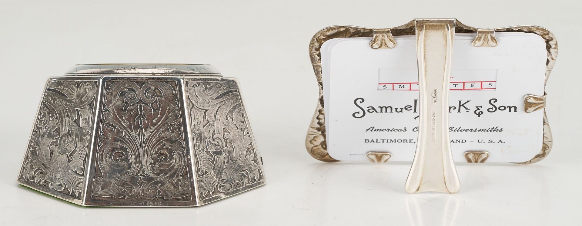 Lot 1146: 3 Silver Novelty Items: Clock, Stirrup Cup, Calendar