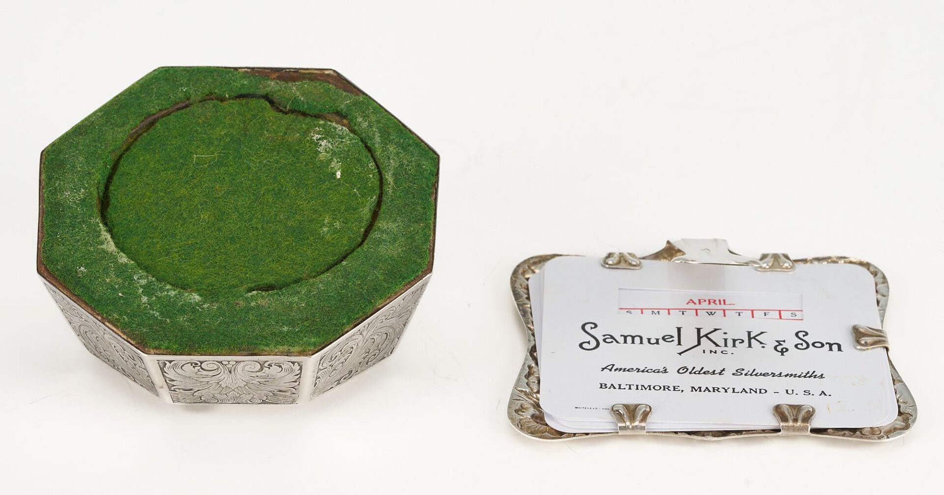 Lot 1146: 3 Silver Novelty Items: Clock, Stirrup Cup, Calendar