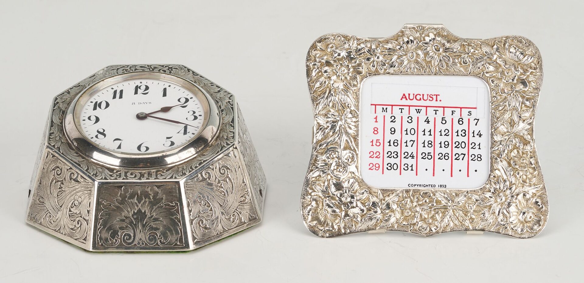 Lot 1146: 3 Silver Novelty Items: Clock, Stirrup Cup, Calendar