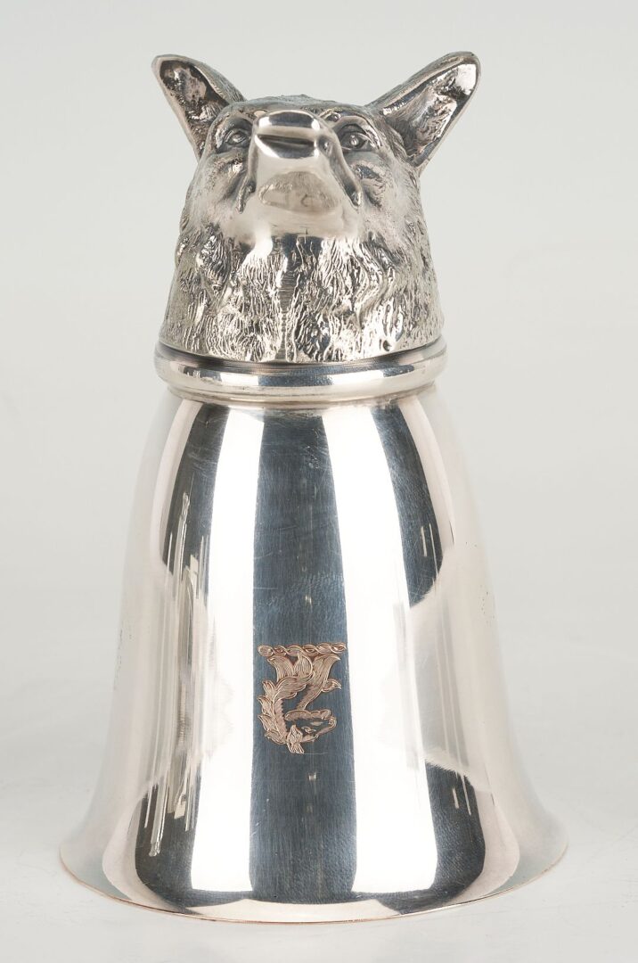 Lot 1146: 3 Silver Novelty Items: Clock, Stirrup Cup, Calendar