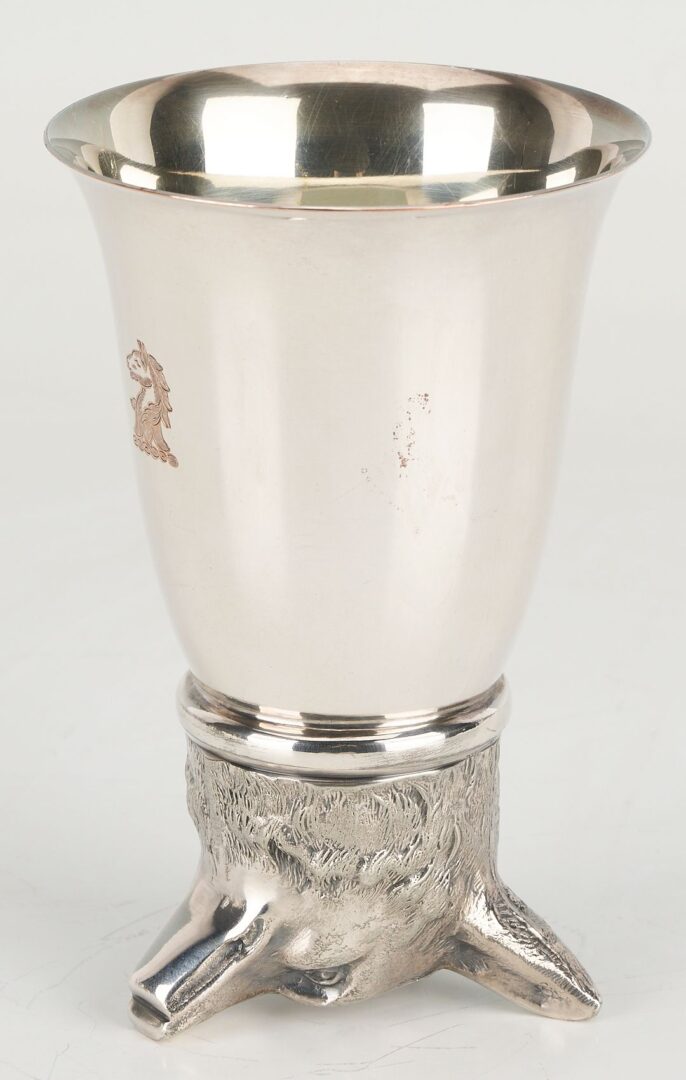 Lot 1146: 3 Silver Novelty Items: Clock, Stirrup Cup, Calendar