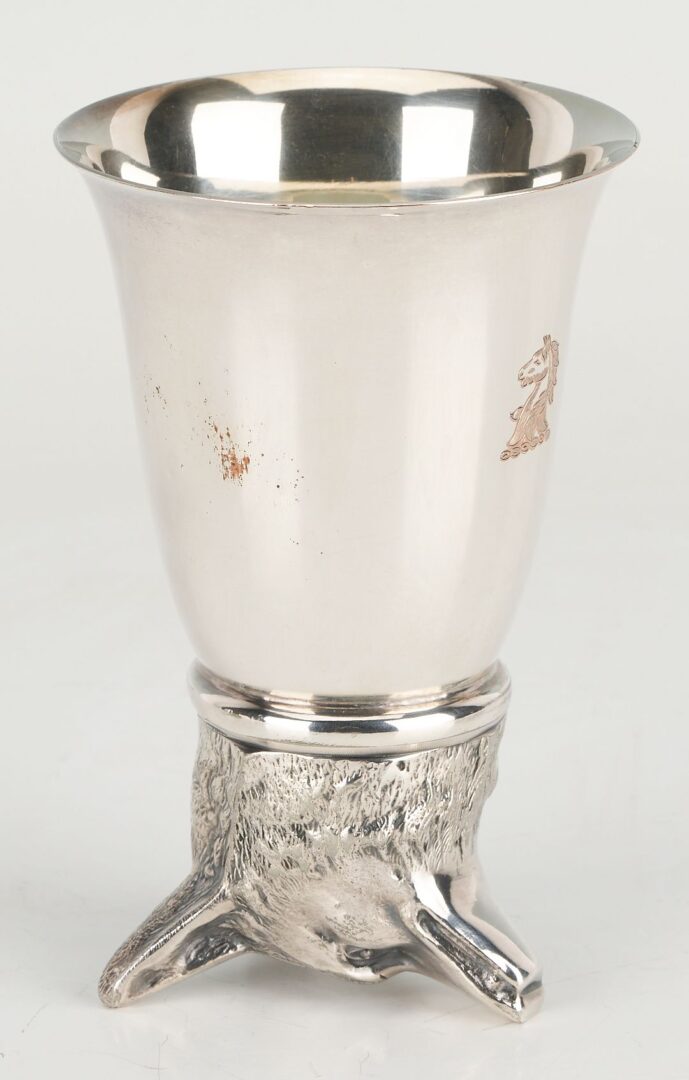 Lot 1146: 3 Silver Novelty Items: Clock, Stirrup Cup, Calendar