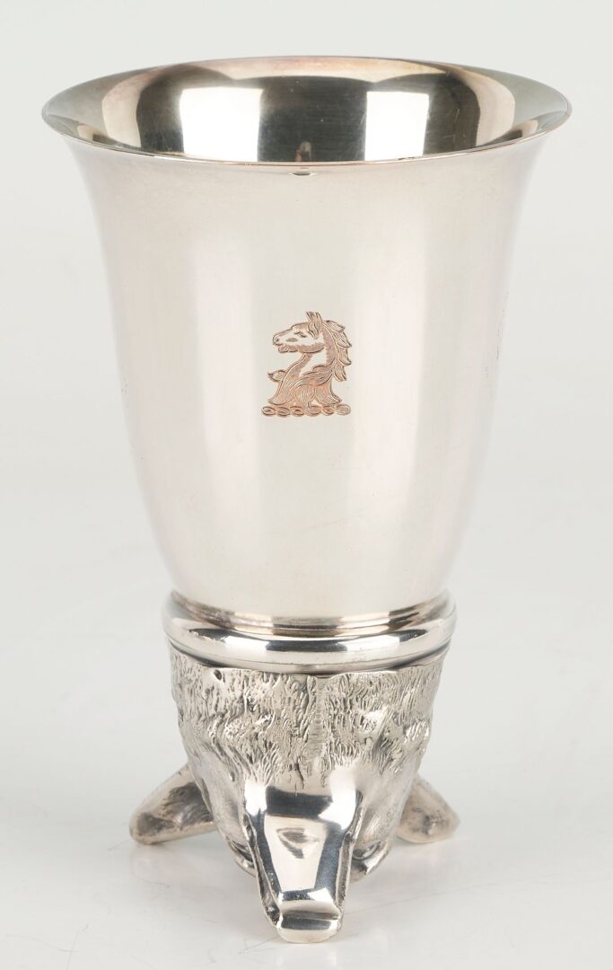 Lot 1146: 3 Silver Novelty Items: Clock, Stirrup Cup, Calendar