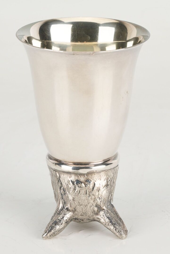 Lot 1146: 3 Silver Novelty Items: Clock, Stirrup Cup, Calendar