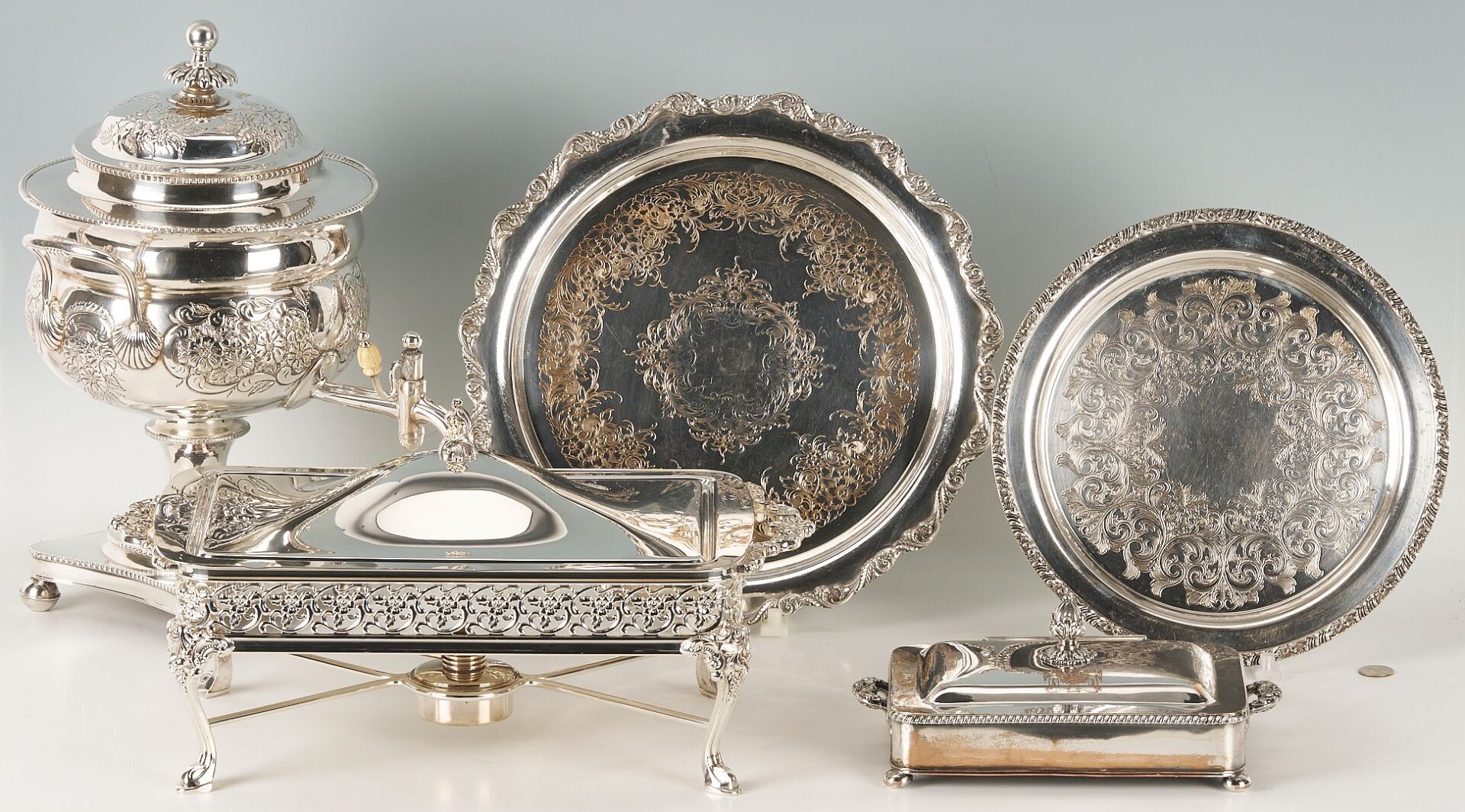 Lot 1156: Silverplated Hot Water Urn, Warmer, Chafing Dish, 2 Round Trays