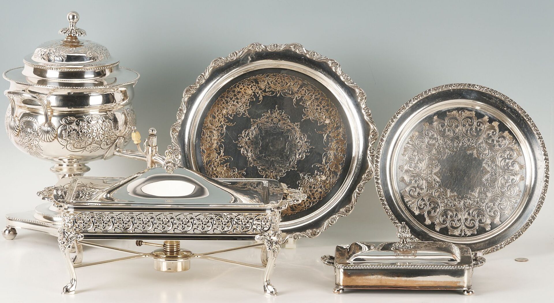 Lot 1156: Silverplated Hot Water Urn, Warmer, Chafing Dish, 2 Round Trays