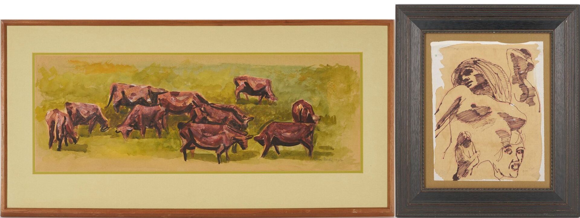 Lot 1159: 2 Modernist Works on Paper, Oregon Interest: Thomas Hardy, Cows, & Michele Russo, Nude