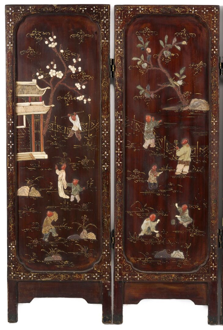 Lot 12: Chinese Four Panel Inlaid Wood Table Screen