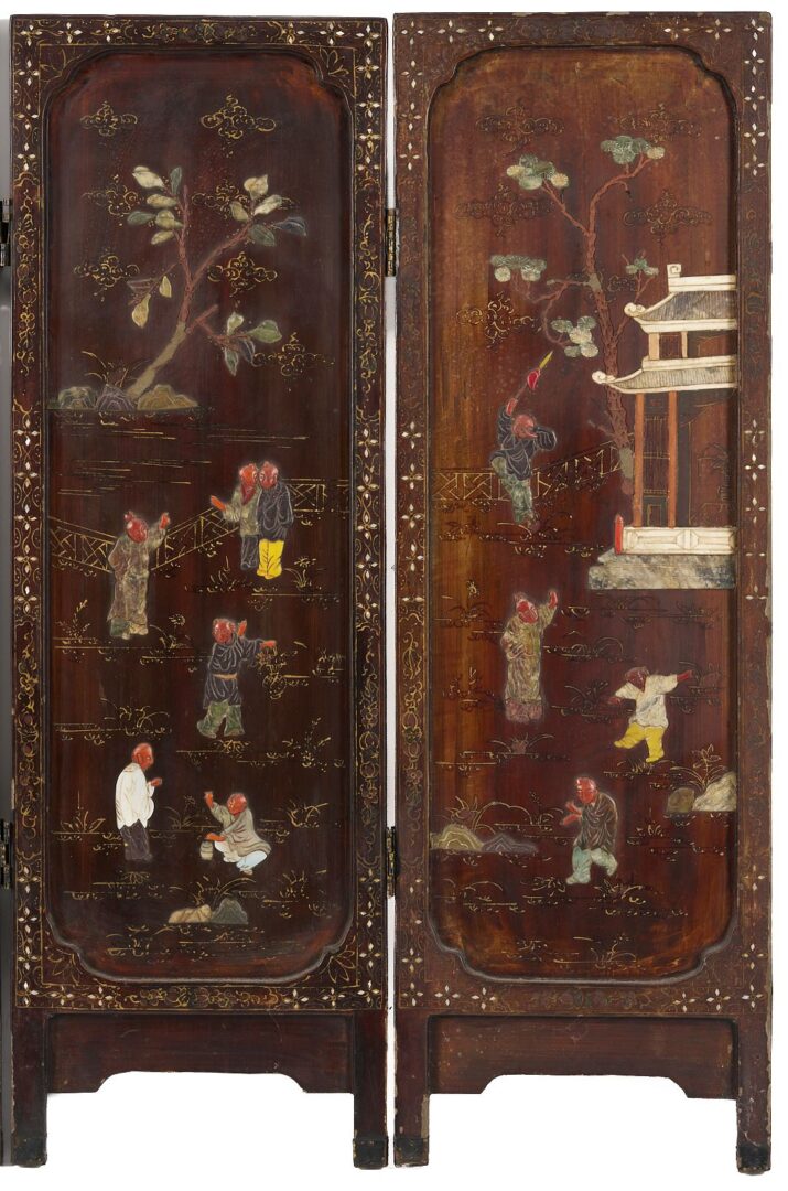 Lot 12: Chinese Four Panel Inlaid Wood Table Screen
