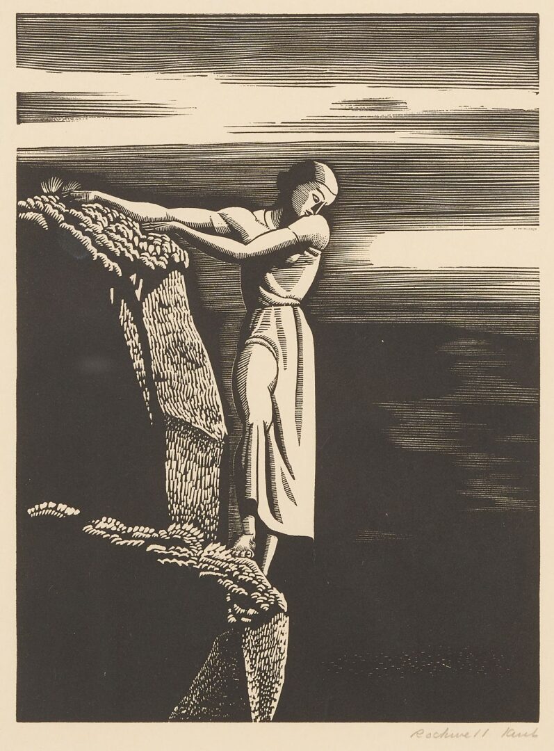 Lot 130: Rockwell Kent Signed Wood Engraving, Girl on a Cliff