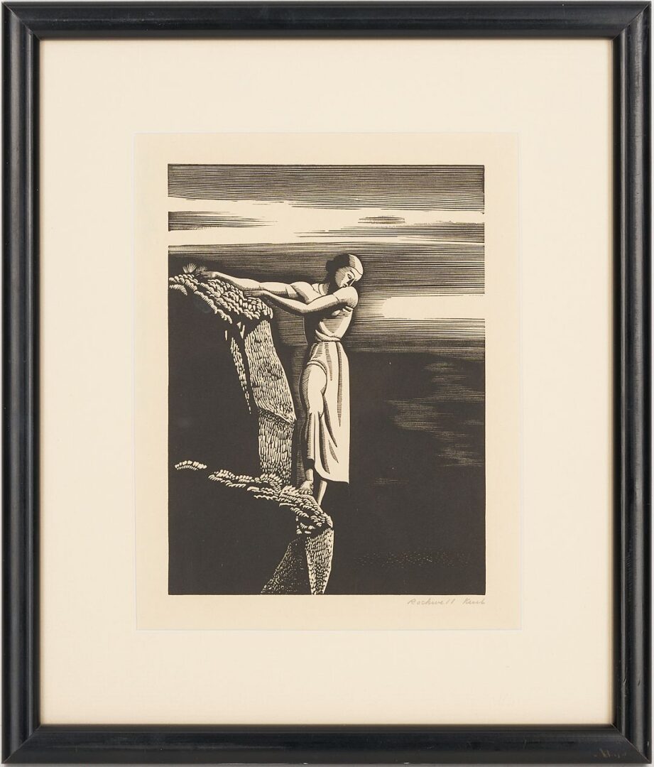 Lot 130: Rockwell Kent Signed Wood Engraving, Girl on a Cliff