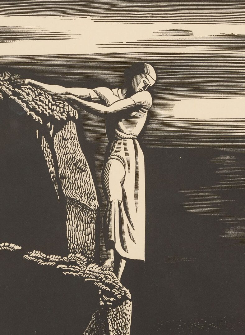Lot 130: Rockwell Kent Signed Wood Engraving, Girl on a Cliff