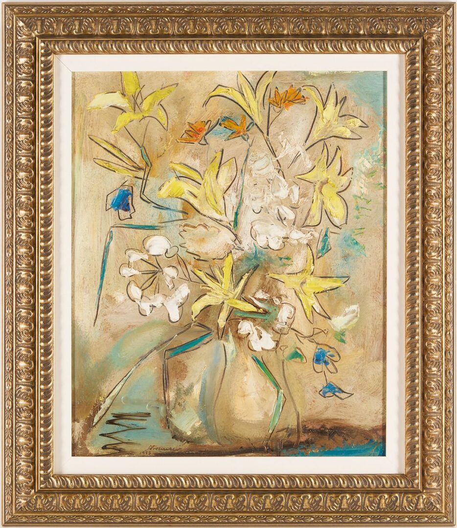 Lot 134: Early Sterling Strauser O/B  Floral Still Life, Yellow Lilies