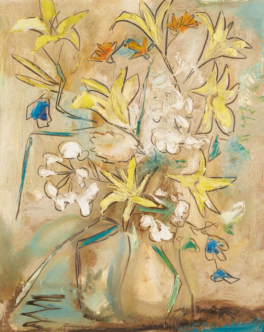 Lot 134: Early Sterling Strauser O/B  Floral Still Life, Yellow Lilies