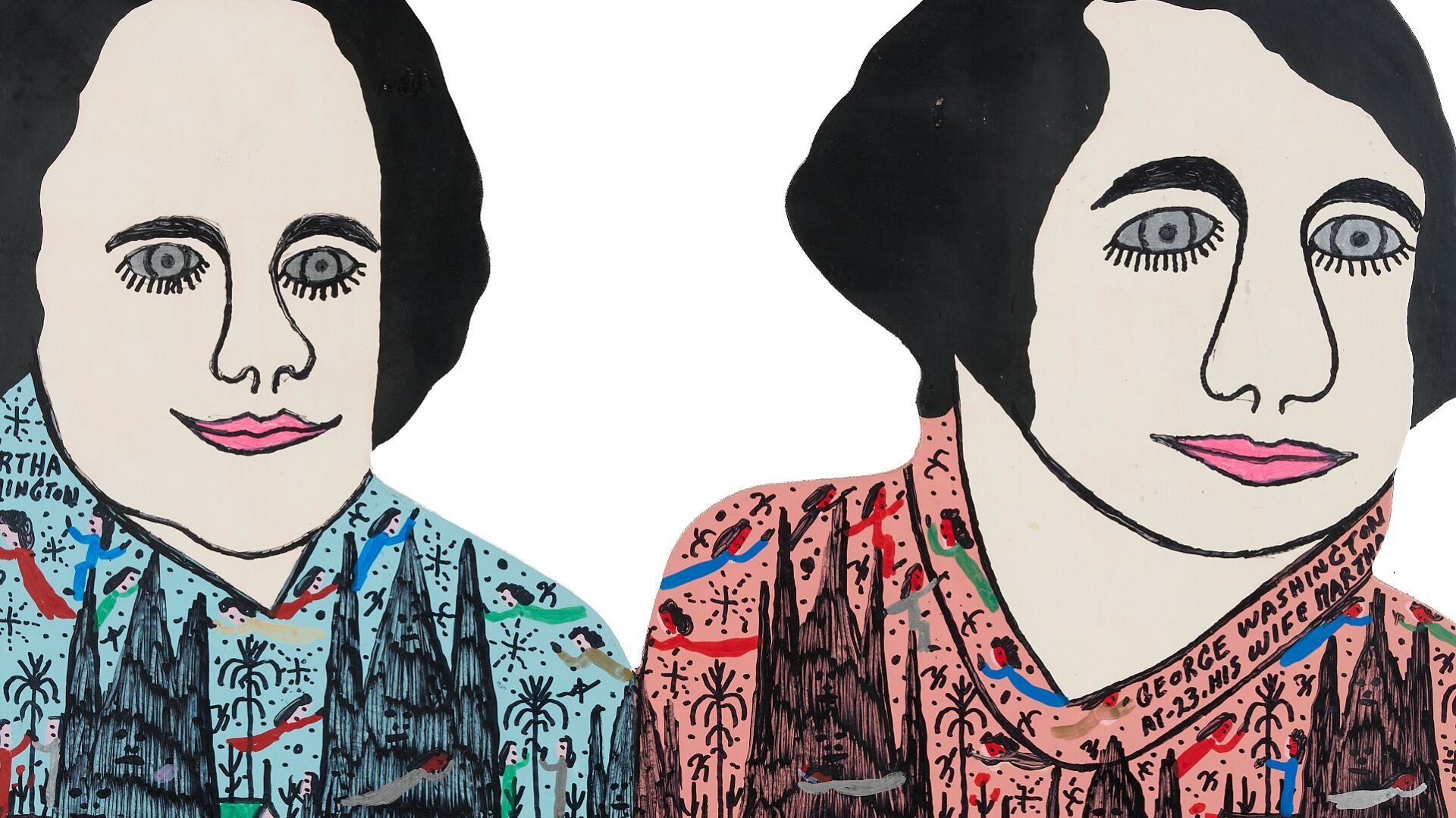 Lot 148: Howard Finster Folk Art Wood Cutout, George & Martha Washington