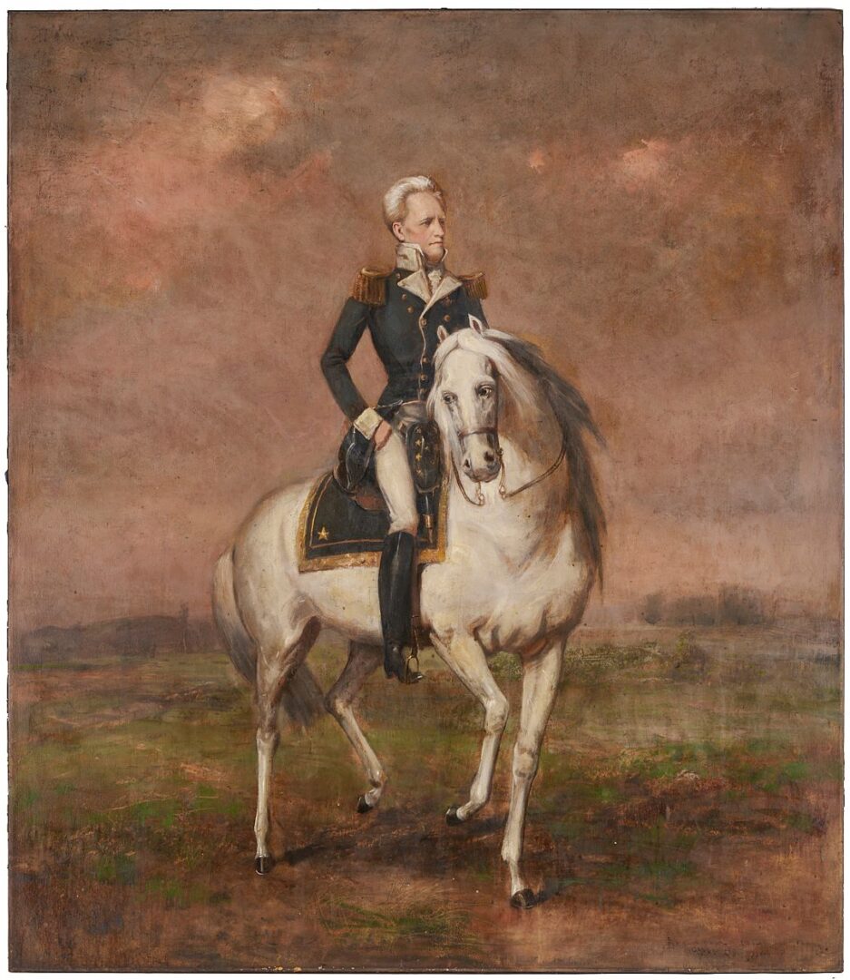 Lot 166: Large Lloyd Branson Painting, Andrew Jackson Astride Sam Patch, After Ralph Earl