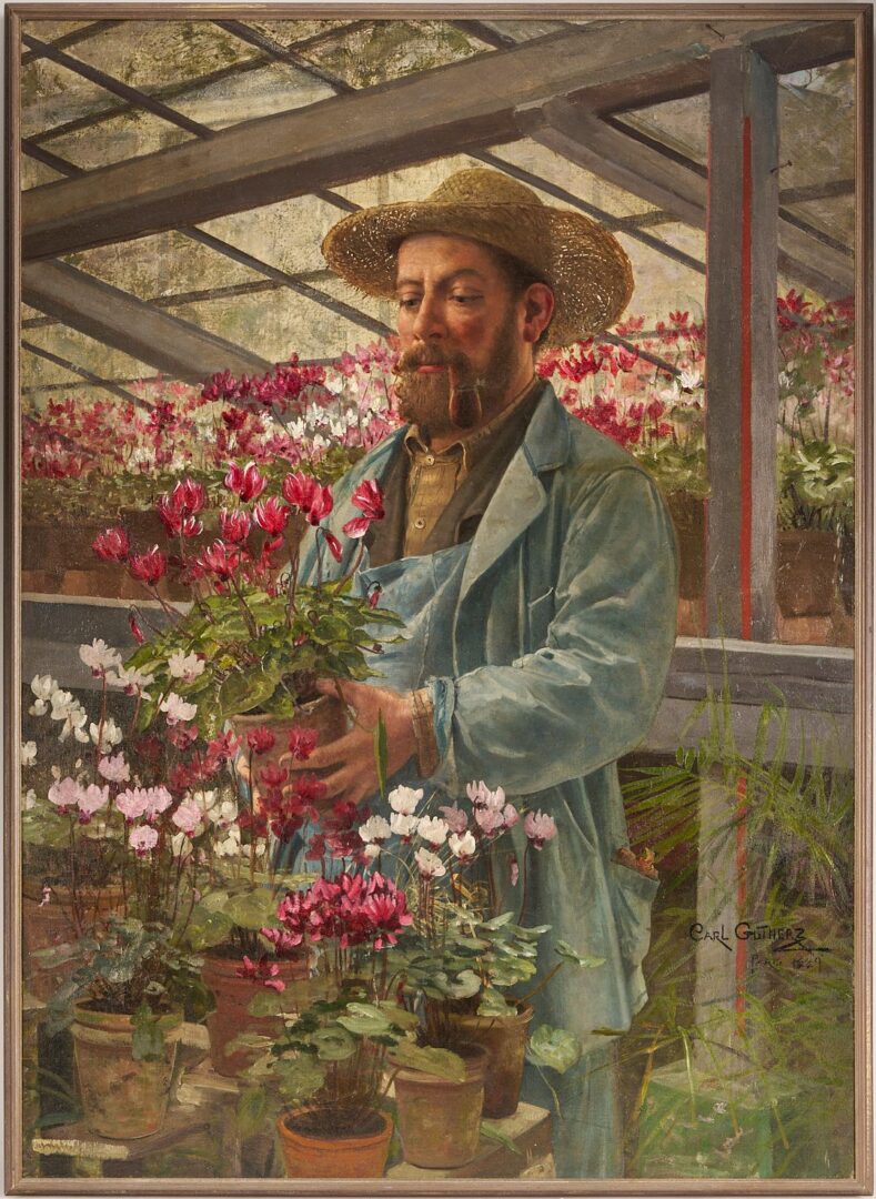 Lot 167: Carl Gutherz O/C Painting, French Gardener, Likely Godefroy-Lebeuf, Paris Exposition 1889
