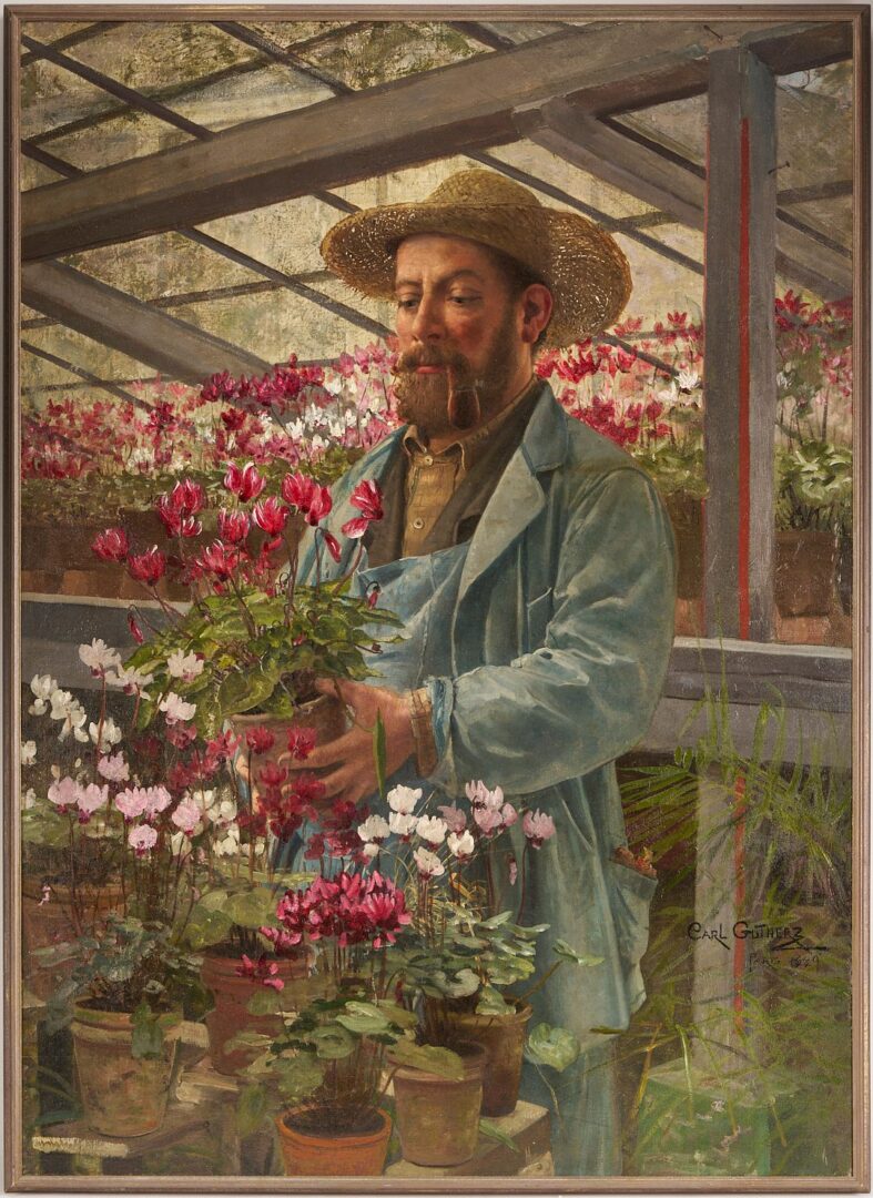 Lot 167: Carl Gutherz O/C Painting, French Gardener, Likely Godefroy-Lebeuf, Paris Exposition 1889