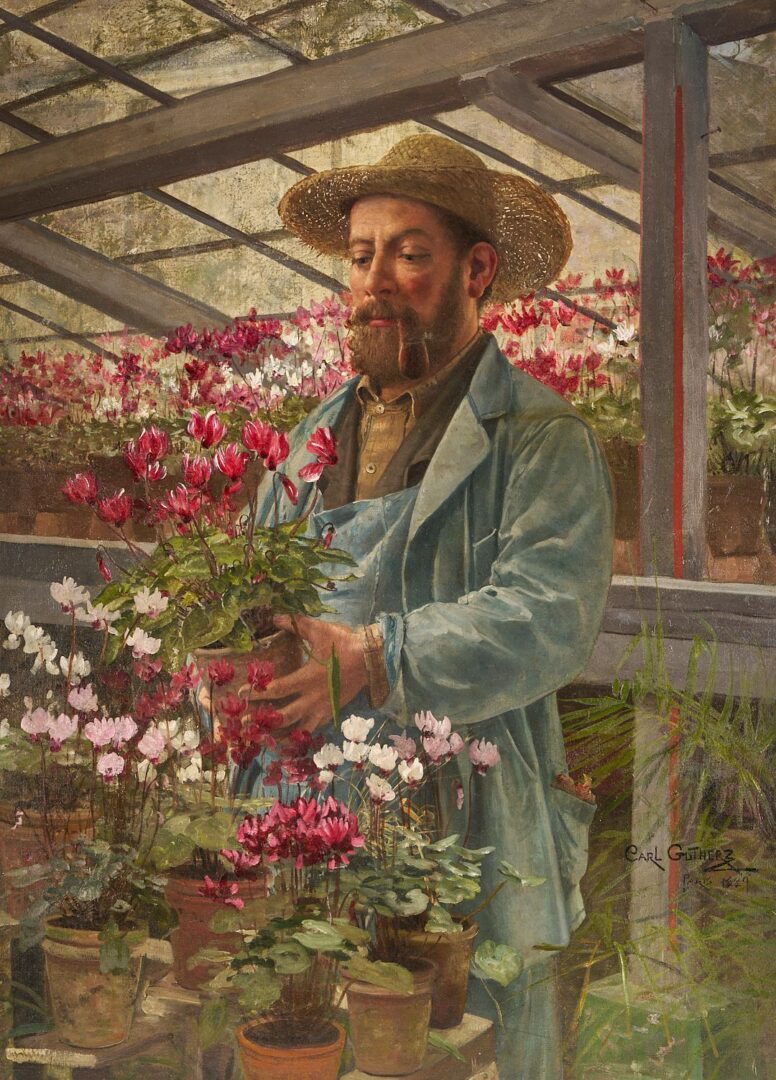 Lot 167: Carl Gutherz O/C Painting, French Gardener, Likely Godefroy-Lebeuf, Paris Exposition 1889