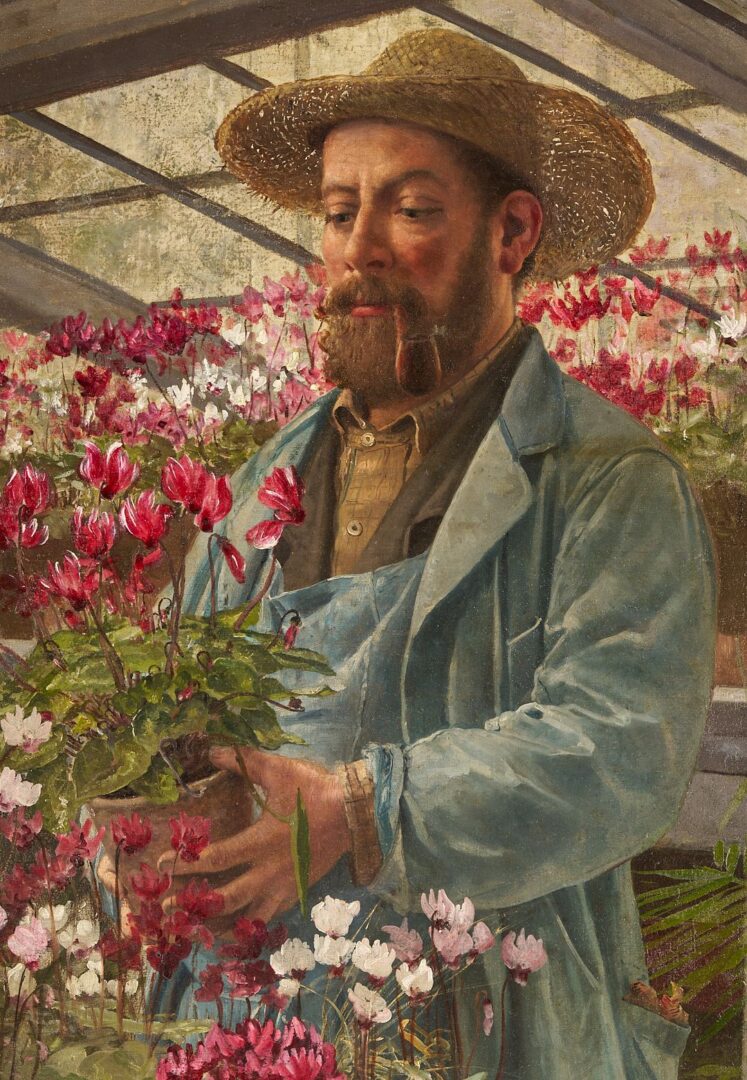 Lot 167: Carl Gutherz O/C Painting, French Gardener, Likely Godefroy-Lebeuf, Paris Exposition 1889