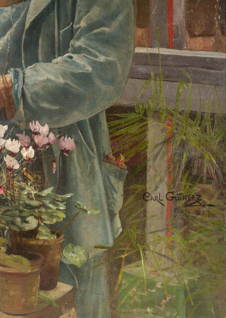 Lot 167: Carl Gutherz O/C Painting, French Gardener, Likely Godefroy-Lebeuf, Paris Exposition 1889