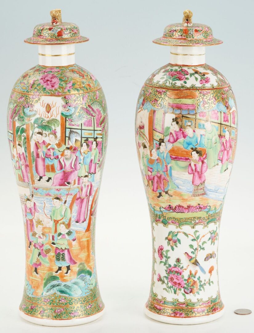 Lot 16: Near Pair of Chinese Export Rose Medallion Lidded Vases