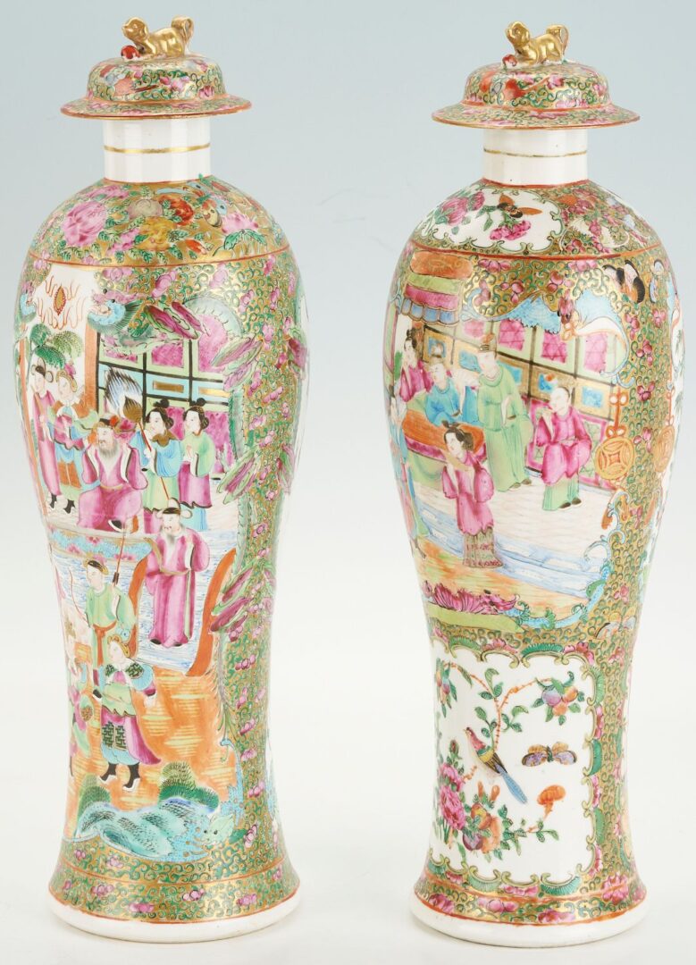 Lot 16: Near Pair of Chinese Export Rose Medallion Lidded Vases