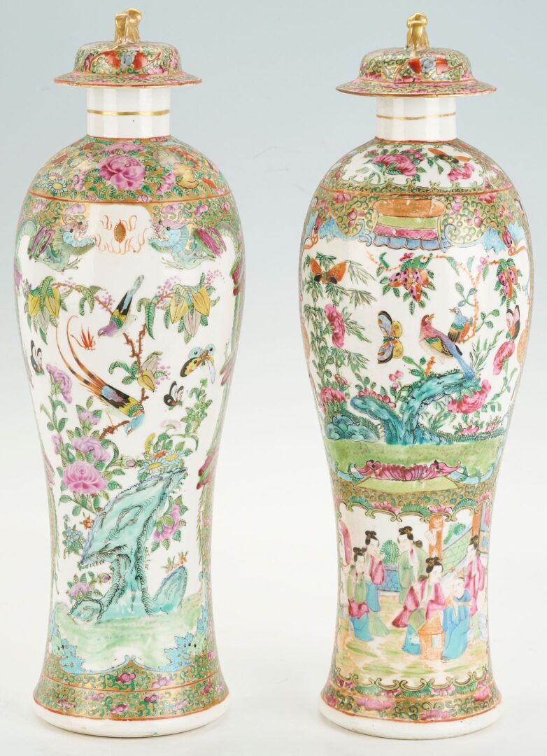 Lot 16: Near Pair of Chinese Export Rose Medallion Lidded Vases