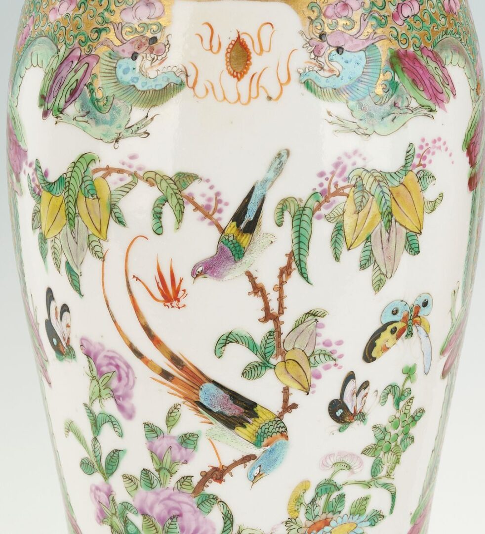 Lot 16: Near Pair of Chinese Export Rose Medallion Lidded Vases