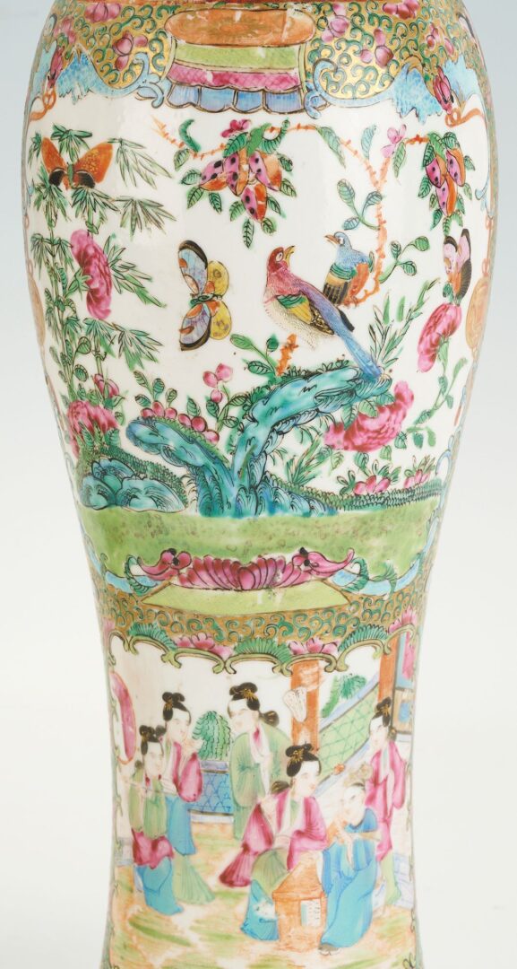 Lot 16: Near Pair of Chinese Export Rose Medallion Lidded Vases