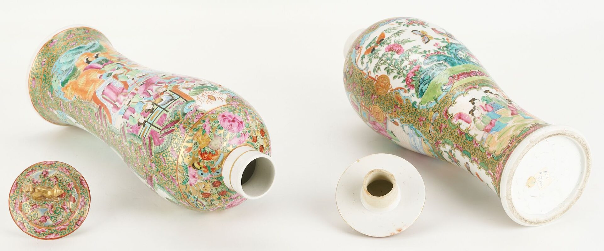 Lot 16: Near Pair of Chinese Export Rose Medallion Lidded Vases