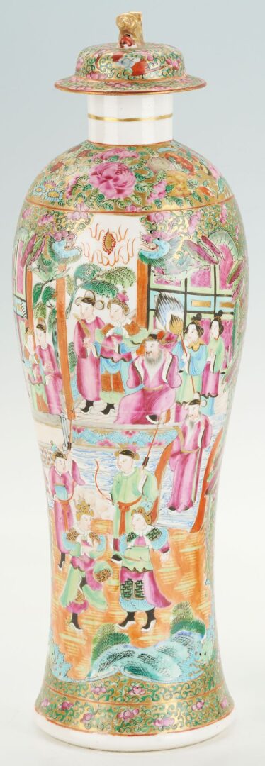 Lot 16: Near Pair of Chinese Export Rose Medallion Lidded Vases