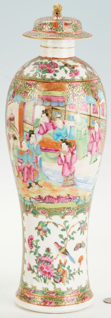 Lot 16: Near Pair of Chinese Export Rose Medallion Lidded Vases
