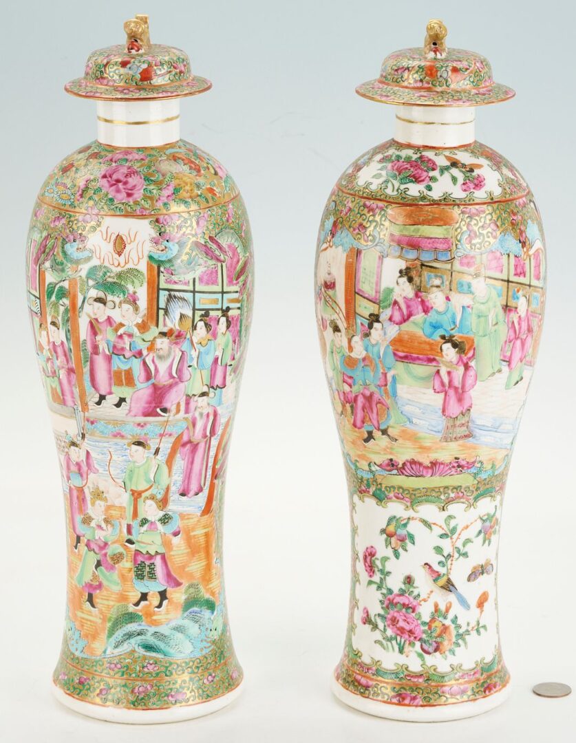 Lot 16: Near Pair of Chinese Export Rose Medallion Lidded Vases