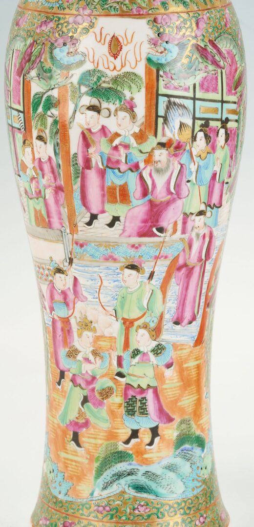 Lot 16: Near Pair of Chinese Export Rose Medallion Lidded Vases